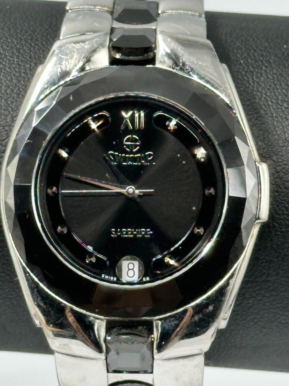 Swistar Sappire Men Watch 35mm Black Dial Date Faceted Bezel New Battery 8.5"